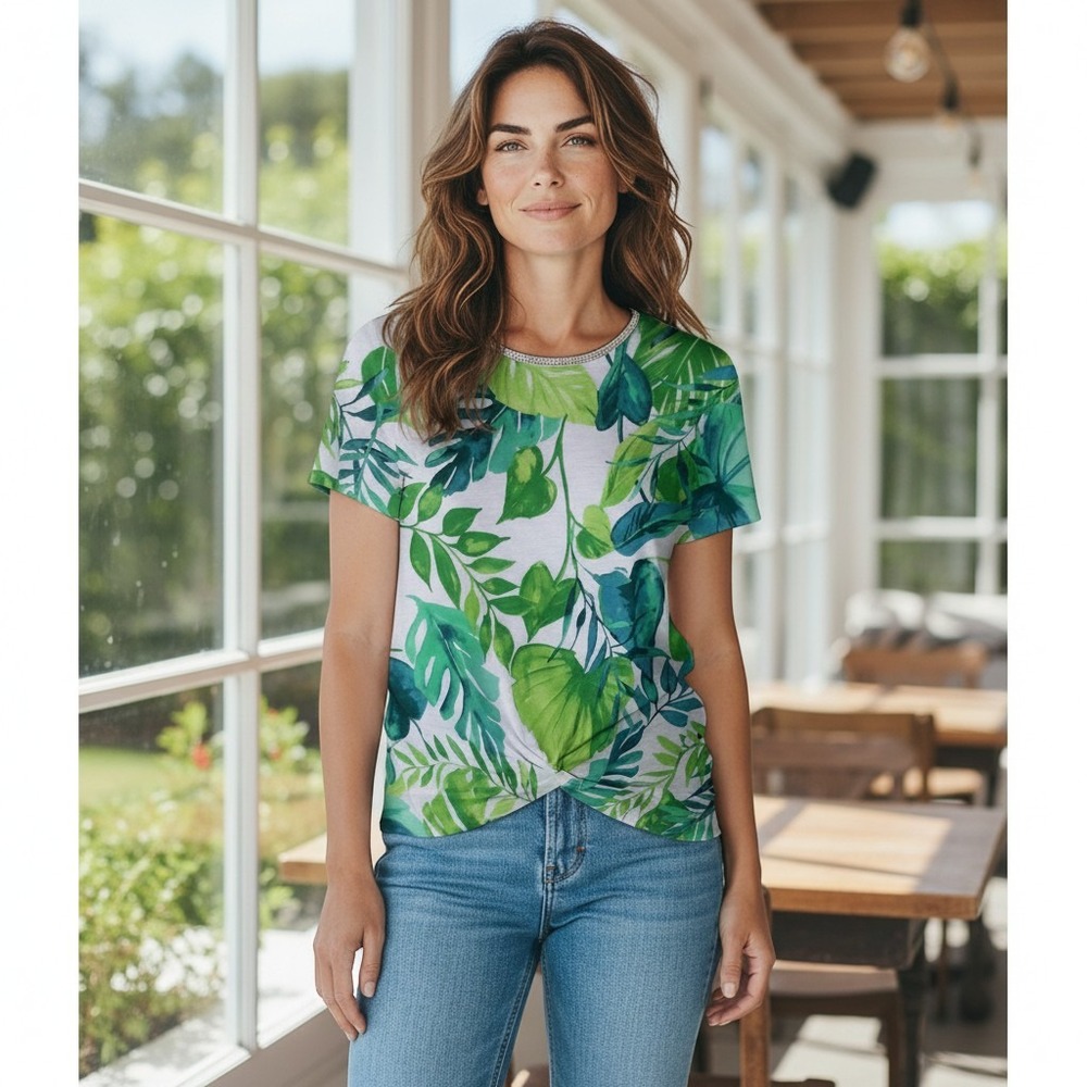 Thomas & Olivia Tropical Leaf Print Blouse Rhinestone Neck Green S / #26616